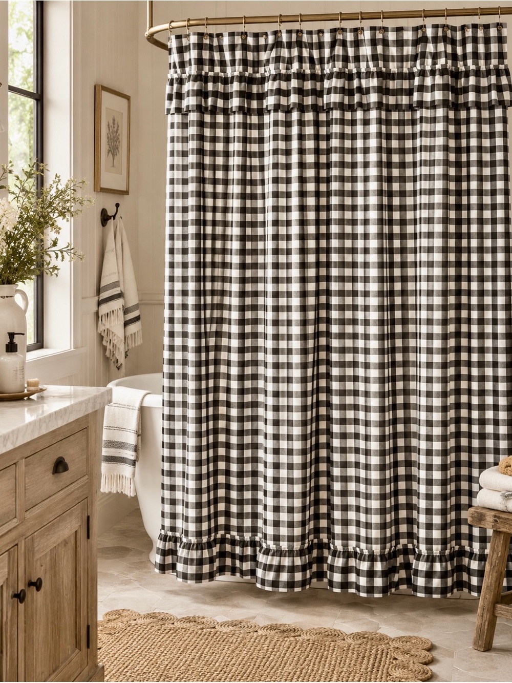 Annie Buffalo Check Ruffled Black and White Gingham Shower Curtain • 72”x72”